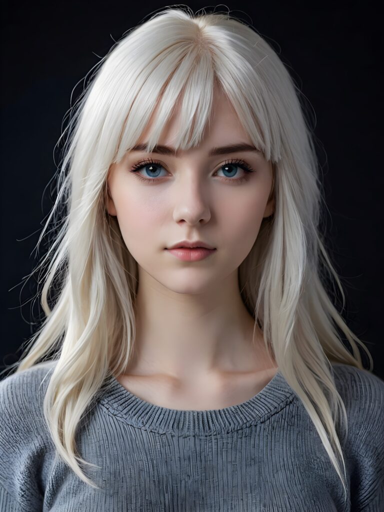a young cute Emo teen girl, she has (((long platinum white colored hair, bangs cut))), and (realistic dark blue eyes), ((angelic round face)), perfect shadows, ((wearing a thin grey sweater)), she looks seductively at the viewer, weak light falls into the picture and creates a contrasting silhouette, upper body, flawless skin, dark background, ((ultra realistic photo)) ((stunning)) ((gorgeous)) ((4k))