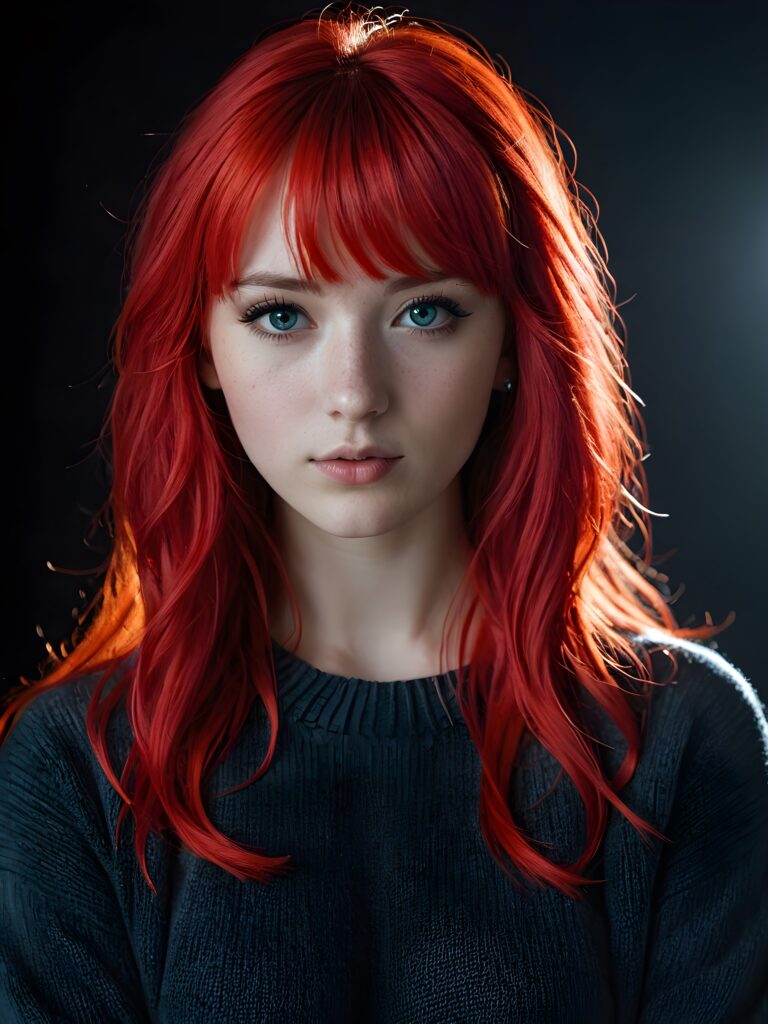 a young cute Emo teen girl, she has (((long neon red hair, bangs cut))), and (realistic dark blue eyes), ((angelic round face)), perfect shadows, ((wearing a thin grey sweater)), she looks seductively at the viewer, weak light falls into the picture and creates a contrasting silhouette, upper body, flawless skin, dark mystic background, ((ultra realistic photo)) ((stunning)) ((gorgeous)) ((4k))
