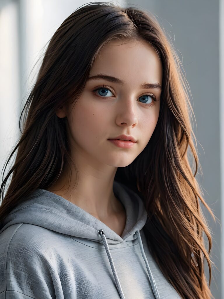 a young cute Emo teen girl, 15 years old, dimmed light falls on her, she has (((long hair))), and (realistic dark blue eyes), ((angelic round face)), in a dreamy, perfect shadows, wearing a grey hoodie, perfect curved body, she looks seductively at the viewer, upper body, flawless skin, light background, ((side profile)) ((ultra realistic photo)) ((stunning)) ((gorgeous)) ((4k))