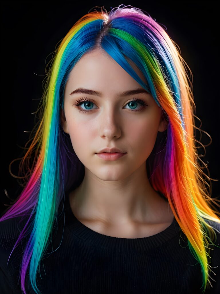 a young cute Emo teen girl, 13 years old, she has (((long straight neon rainbow colored hair))), and (realistic dark blue eyes), ((angelic round face)), perfect shadows, ((wearing a silk sweater)), perfect curved body, she looks seductively at the viewer, weak light falls into the picture and creates a contrasting silhouette, upper body, flawless skin, black background, ((ultra realistic photo)) ((stunning)) ((gorgeous)) ((4k))