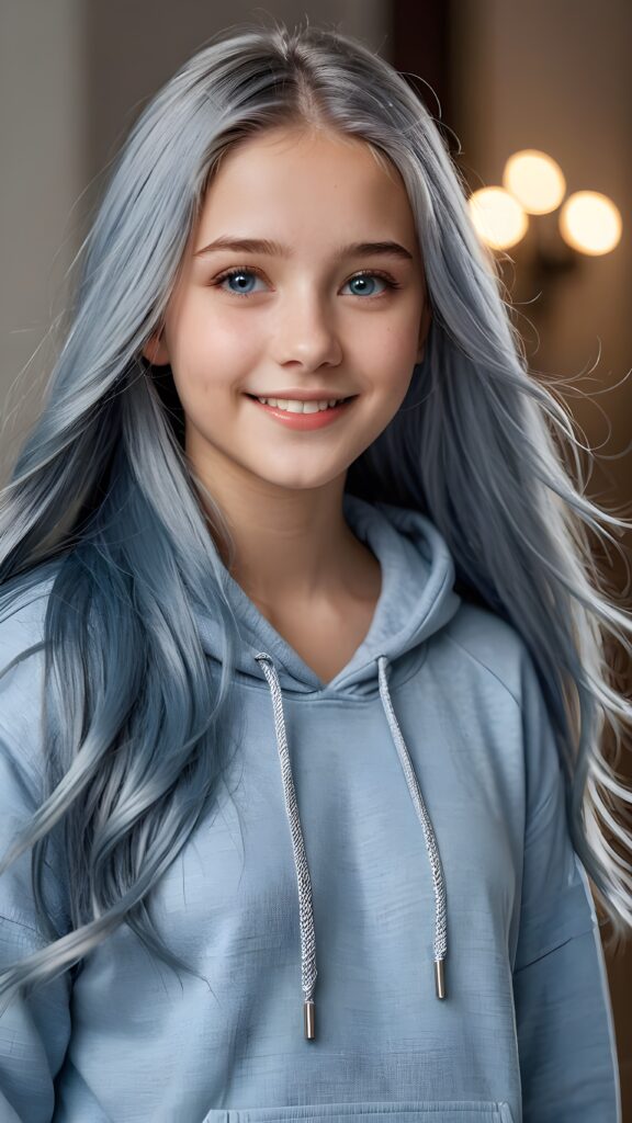 a young cute daemonic teen girl, 13 years old, warm smile, dimmed light falls on her, she has long (((long fluttering silver-blue hair and silver eyes))) (her hair falls on her shoulders), and (realistic dark blue eyes), ((angelic round face)), in a dreamy, perfect shadows, wearing an baggy grey hoodie and denim blue jeans, perfect curved fit body, she looks seductively at the viewer and smiles slightly, upper body, flawless skin, light background, ((side profile)) ((ultra realistic photo)) ((stunning)) ((gorgeous)) ((4k))
