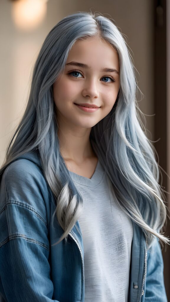 a young cute daemonic teen girl, 13 years old, warm smile, dimmed light falls on her, she has long (((long fluttering silver-blue hair and silver eyes))) (her hair falls on her shoulders), and (realistic dark blue eyes), ((angelic round face)), in a dreamy, perfect shadows, wearing an baggy grey hoodie and denim blue jeans, perfect curved fit body, she looks seductively at the viewer and smiles slightly, upper body, flawless skin, light background, ((side profile)) ((ultra realistic photo)) ((stunning)) ((gorgeous)) ((4k))