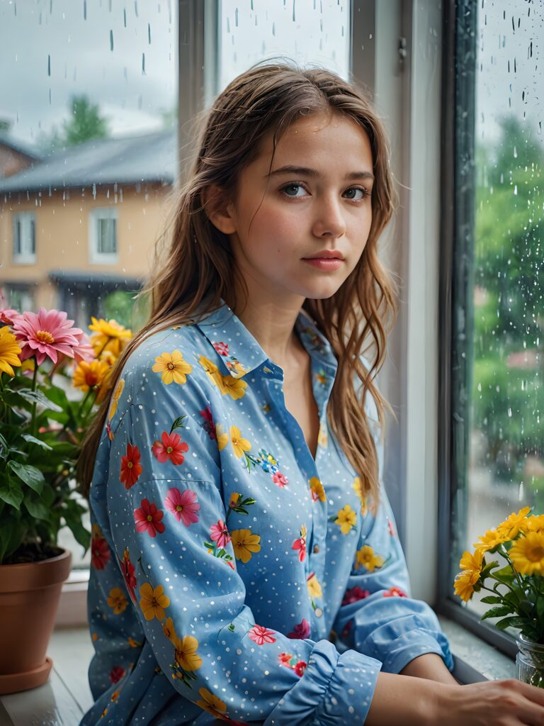 a young cute girl sits at the window and looks out sadly. It's raining and gloomy outside. She is wearing a summery shirt made of colorful flowers. ((realistic photo))