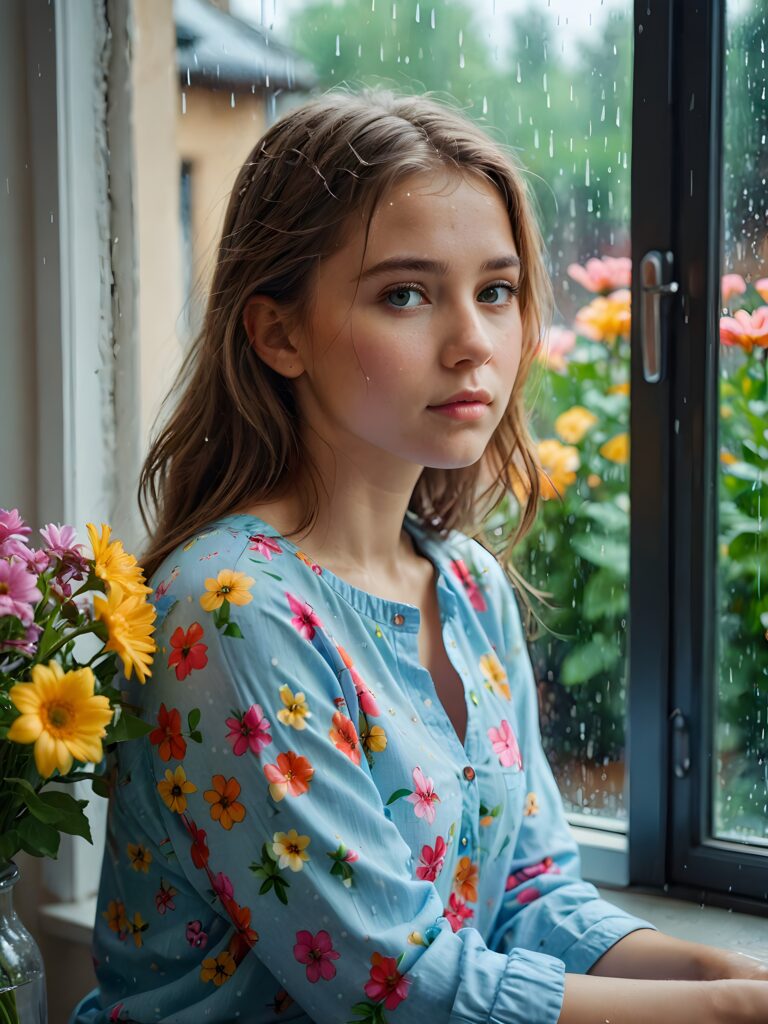 a young cute girl sits at the window and looks out sadly. It's raining and gloomy outside. She is wearing a summery shirt made of colorful flowers. ((realistic photo))