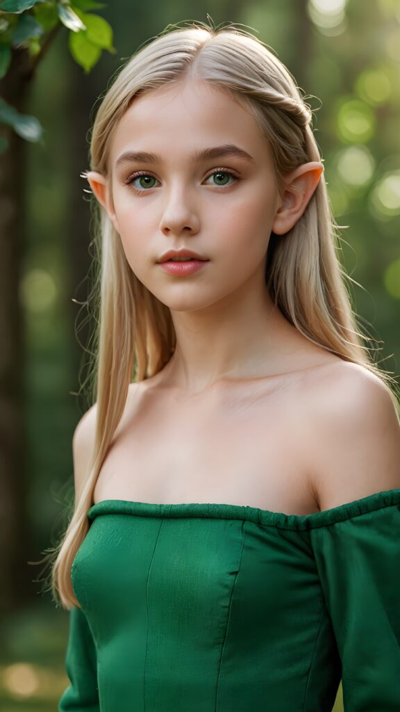 a young elf-like teen girl, lightly dressed in green, 13 years old, blond straight hair, flawless skin, ((stunning)) ((gorgeous)) ((detailed full body portrait)), ((empty background)), ((full lips))