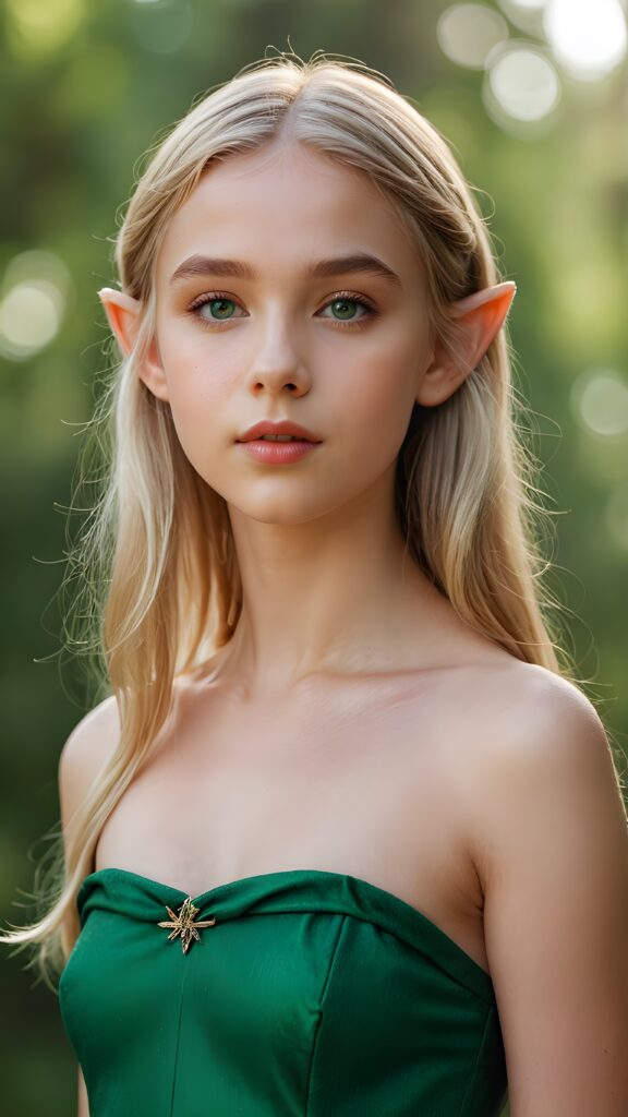 a young elf-like teen girl, lightly dressed in green, 13 years old, blond straight hair, flawless skin, ((stunning)) ((gorgeous)) ((detailed full body portrait)), ((empty background)), ((full lips))
