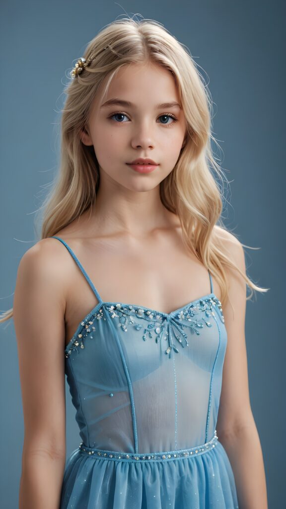 a young fairy-like teen girl, lightly dressed in blue, 13 years old, blond straight hair, flawless skin, ((stunning)) ((gorgeous)) ((detailed full body portrait)), ((empty background)), ((full lips))