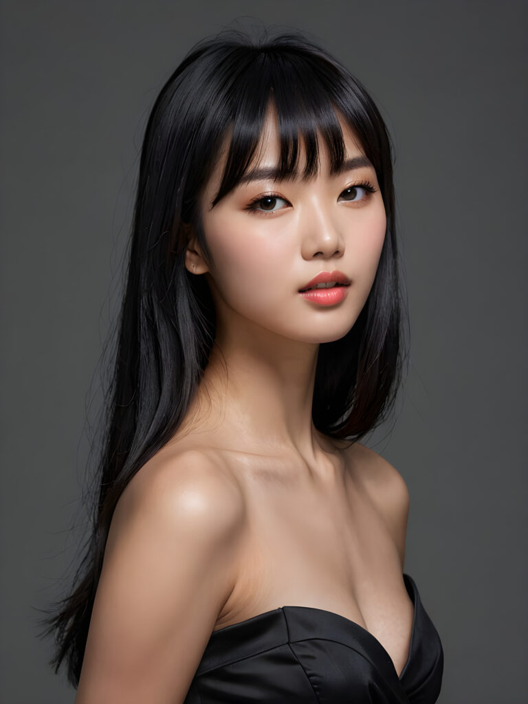 a young, fascinating Korean girl, shiny, jet black hair in bangs cut, full lips, lightly dressed, mouth slightly open with a seductive look, ((stunning)) ((gorgeous)), ((grey background))