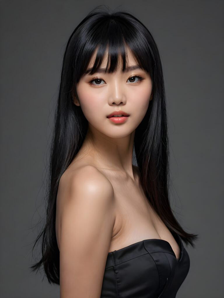 a young, fascinating Korean girl, shiny, jet black hair in bangs cut, full lips, lightly dressed, mouth slightly open with a seductive look, ((stunning)) ((gorgeous)), ((grey background))