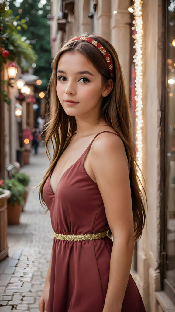 a (((young girl with luxuriously long, straight soft brown hair))), wearing a sleek, crimson headband, standing confidently in a (dreamlike atmosphere), perfect curved body, sleek short thin dressed