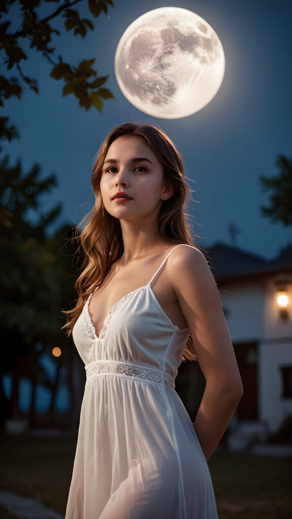 a (((young girl))) with an unparalleled, (((stunning figure))), gazing serenely under a (((softly glowing moon))), set against a (((dimly lit backdrop))), exuding an ethereal beauty that defies description, wears a white nightdress