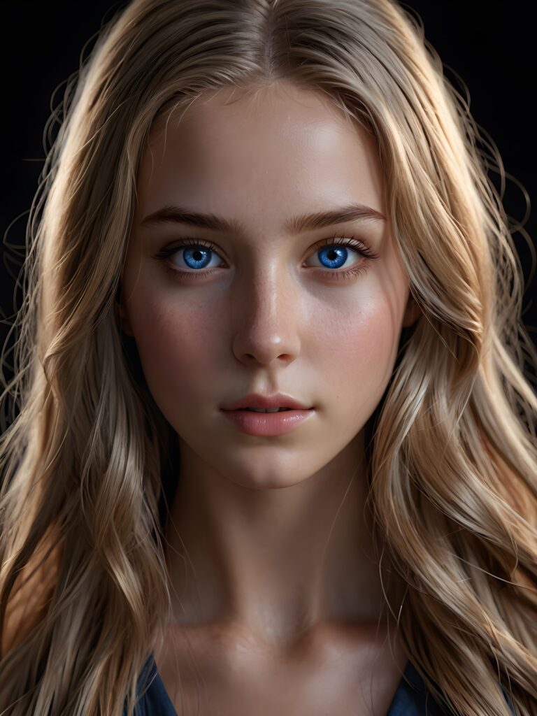 a young girl, dimmed light falls on her face, creating a peaceful, calm atmosphere. She has long bright hair and deep blue eyes ((realistic, detailed portrait)), dark background, perfect shadown