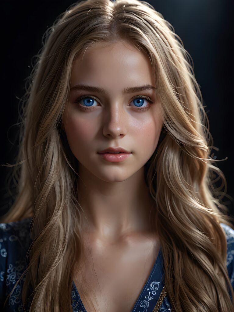 a young girl, dimmed light falls on her face, creating a peaceful, calm atmosphere. She has long bright hair and deep blue eyes ((realistic, detailed portrait)), dark background, perfect shadown