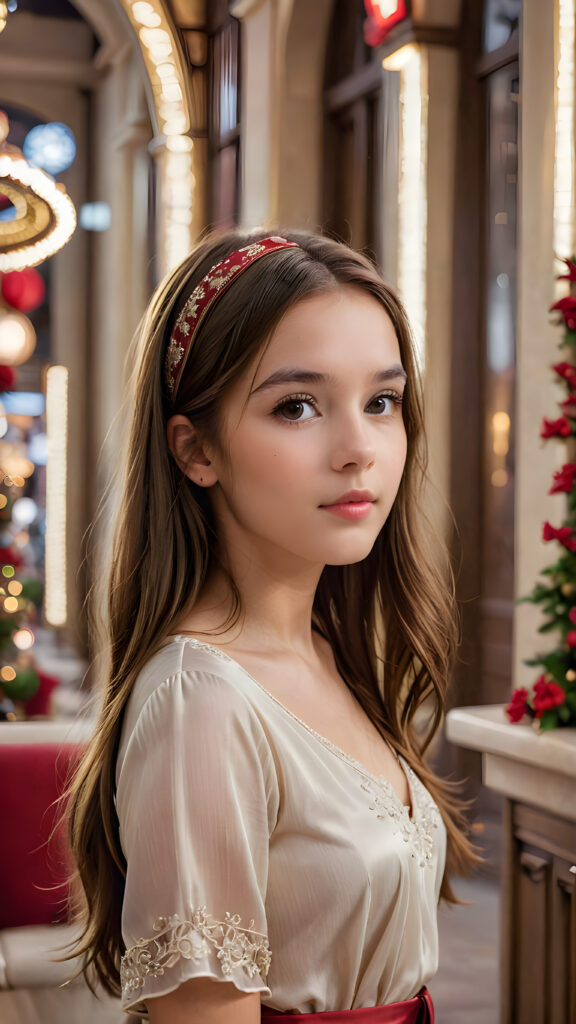 a (((young girl with luxuriously long, straight soft brown hair))), wearing a sleek, crimson headband, standing confidently in a (dreamlike atmosphere), perfect curved body, sleek short thin dressed