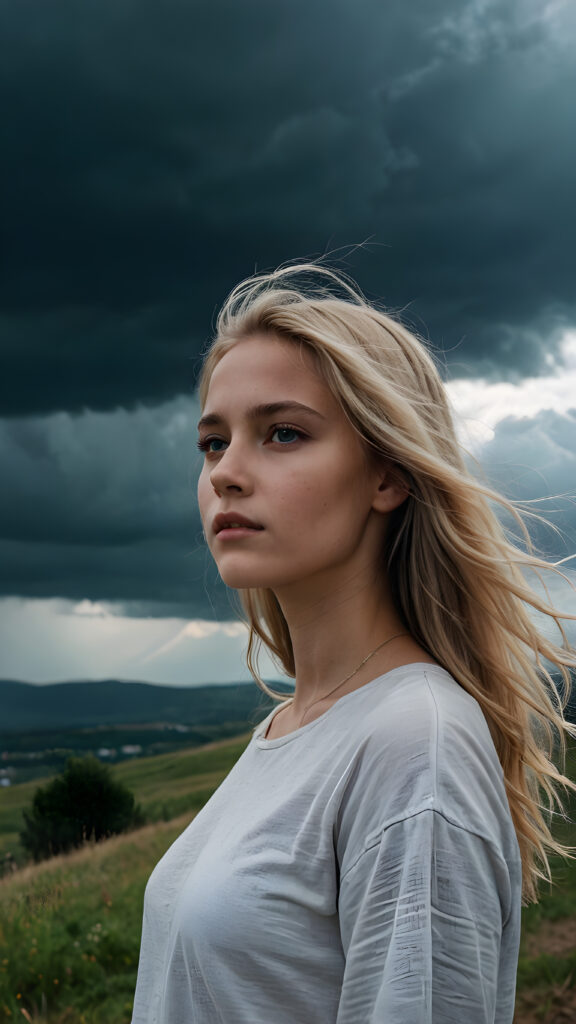 a young girl in a casual look stands on a hill and looks into the distance. Dark clouds are in the sky and create a mystical, spooky atmosphere. She has thin, long blonde hair that is blowing in the wind, upper body