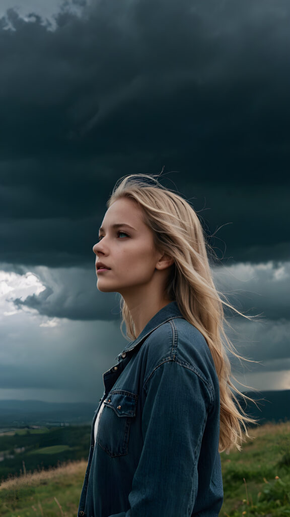 a young girl in a casual look stands on a hill and looks into the distance. Dark clouds are in the sky and create a mystical, spooky atmosphere. She has thin, long blonde hair that is blowing in the wind, upper body