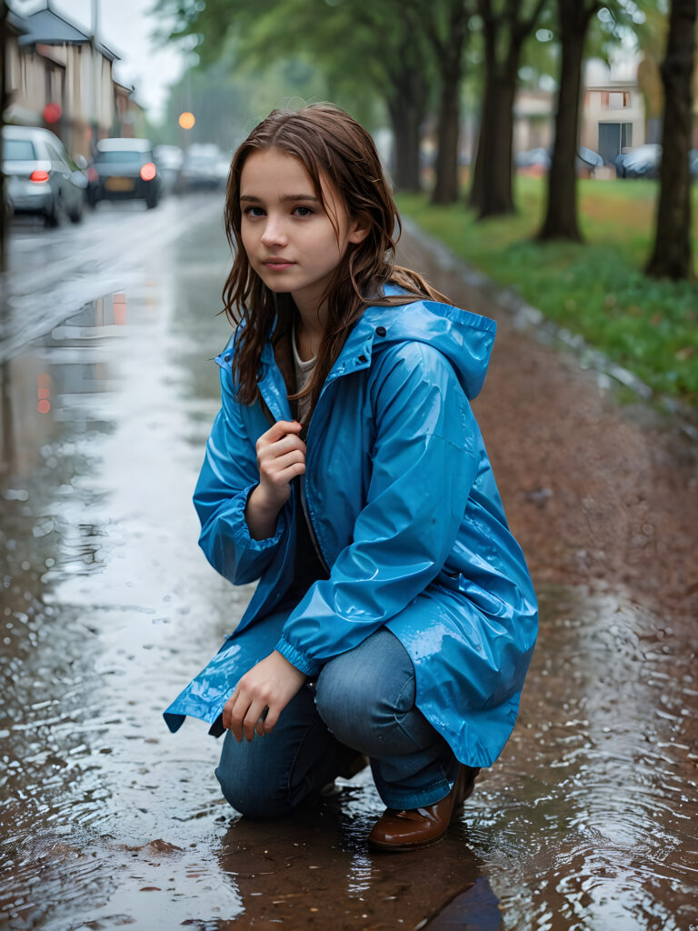 a young girl is kneeling on the wet ground in the rain. She wears a blue thin rain jacket and has brown wet hair, and she is looking for something.