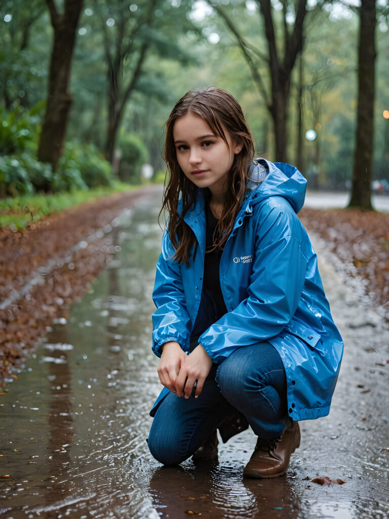 a young girl is kneeling on the wet ground in the rain. She wears a blue thin rain jacket and has brown wet hair, and she is looking for something.
