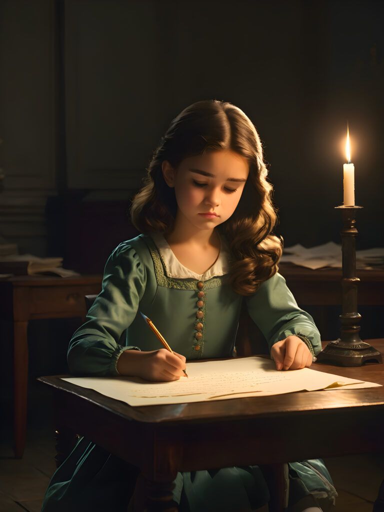 a young girl sits at a table and writes a letter. She looks sad. Dim light illuminates the mysterious room and creates a mysterious atmosphere.