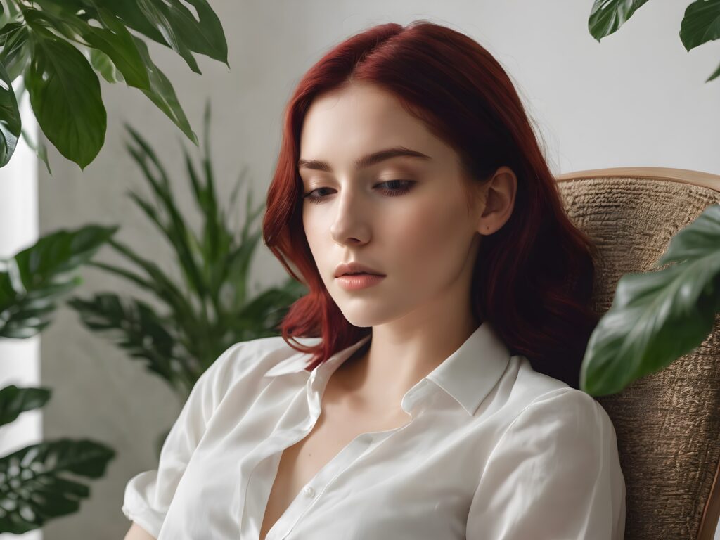 a young girl sits at a table in an armchair and sleeps. She has dark red hair. The room has a modern design with some houseplants. She wears a thin shirt and has full lips. Your eyes are closed.