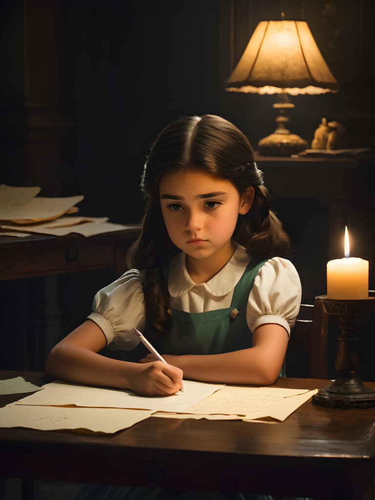 a young girl sits at a table and writes a letter. She looks sad. Dim light illuminates the mysterious room and creates a mysterious atmosphere.