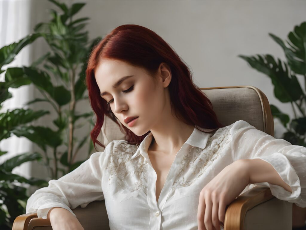 a young girl sits at a table in an armchair and sleeps. She has dark red hair. The room has a modern design with some houseplants. She wears a thin shirt and has full lips. Your eyes are closed.