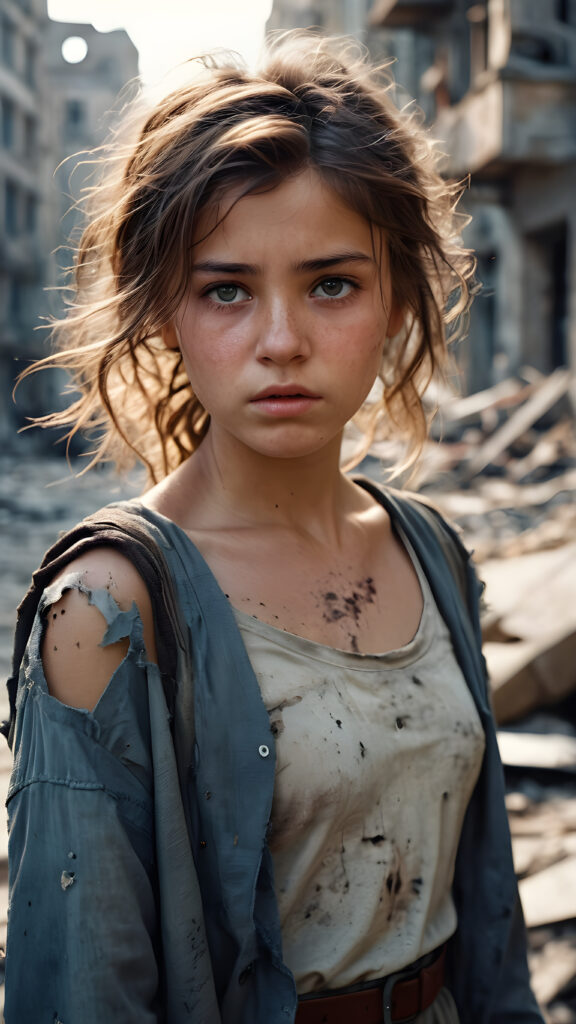 a young girl stands in a city destroyed by war. She is poor and scantily dressed. She cries. She is alone. Her hair is disheveled and dirty. She looks sadly into the camera. ((realistic, detailed photo))
