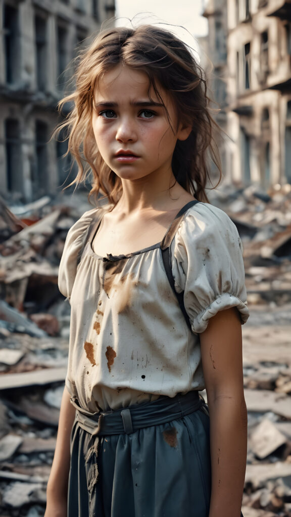 a young girl stands in a city destroyed by war. She is poor and scantily dressed. She cries. She is alone. Her hair is disheveled and dirty. She looks sadly into the camera. ((realistic, detailed photo))