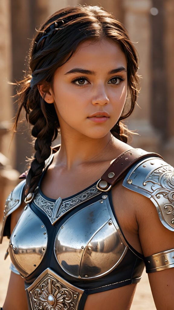 a (((young gladiator girl))) with exquisite detailed hair, a perfectly curvaceous body, striking realistic black eyes, intricate straight hair, dressed in a sleek, form-fitting outfit that accentuates every curve, captured in a (((breathtakingly beautiful photo))), oozing with (ultra realism) and (ultra high resolution), with luxurious, deep shadows that bring a (masterful artistry) vibe