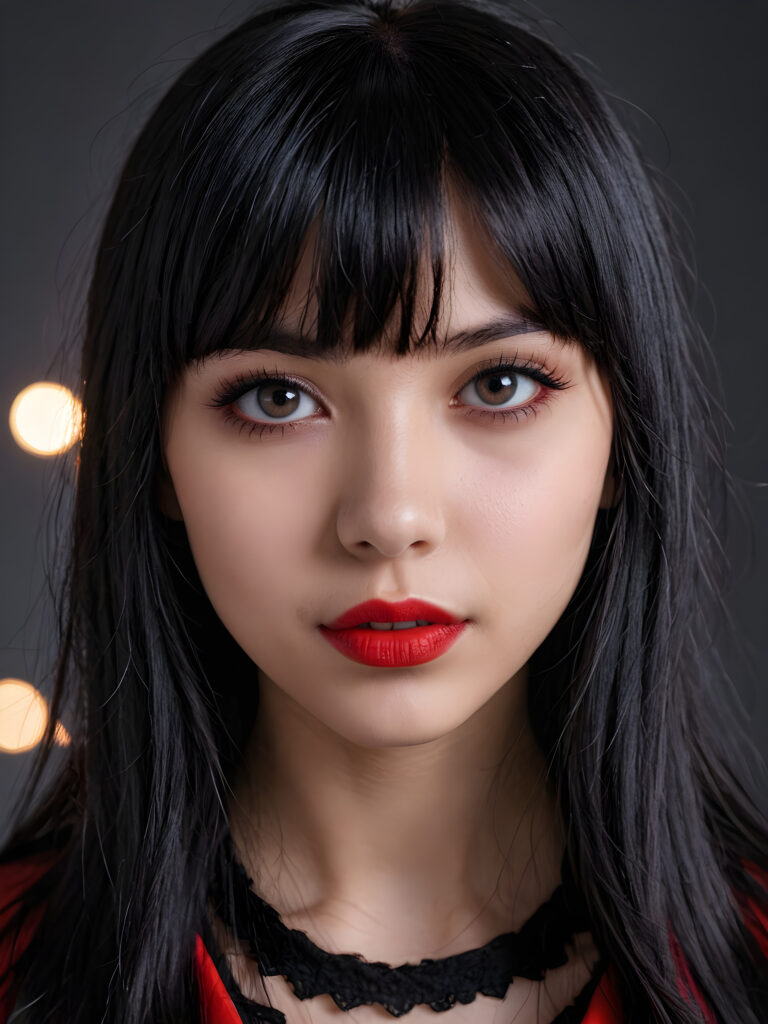 a young goth teen girl, 13 years old, flawless skin, ((stunning)) ((gorgeous)) ((detailed close-up portrait)) ((straight black hair in bangs cut)) ((dark eyes)) ((angelic round face)), ((grey background)), warm smile, white teeth, ((full red lips))
