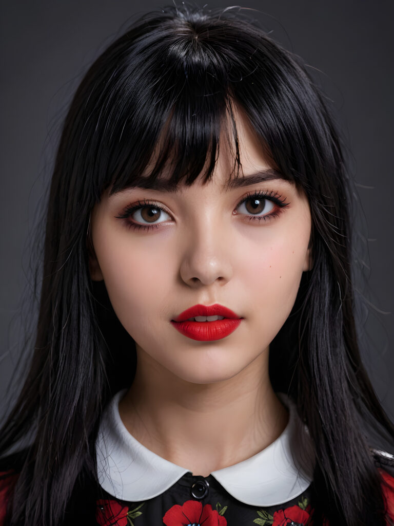 a young goth teen girl, 13 years old, flawless skin, ((stunning)) ((gorgeous)) ((detailed close-up portrait)) ((straight black hair in bangs cut)) ((dark eyes)) ((angelic round face)), ((grey background)), warm smile, white teeth, ((full red lips))