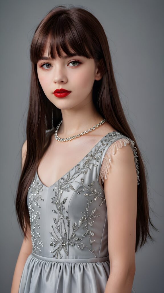 a young gothic teen girl, 13 years old, flawless skin, ((stunning)) ((gorgeous)) ((detailed full body portrait)) ((straight hair in bangs cut)) ((angelic round face)), ((grey background)), ((full red lips))