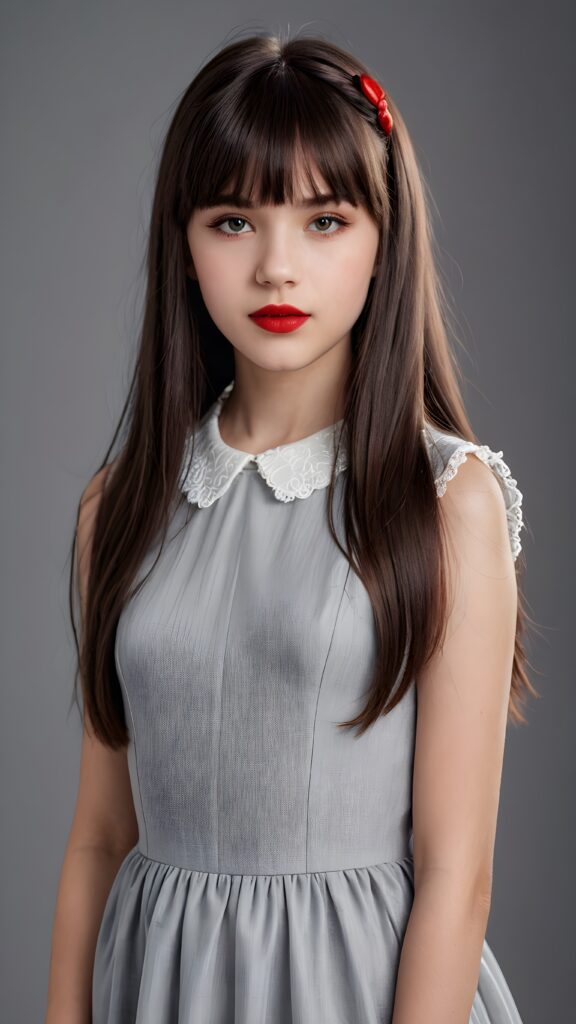 a young gothic teen girl, 13 years old, flawless skin, ((stunning)) ((gorgeous)) ((detailed full body portrait)) ((straight hair in bangs cut)) ((angelic round face)), ((grey background)), ((full red lips))