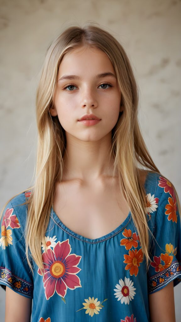 a young hippie teen girl, lightly dressed, 13 years old, blond straight hair, flawless skin, ((stunning)) ((gorgeous)) ((detailed full body portrait)), ((empty background)), ((full lips))