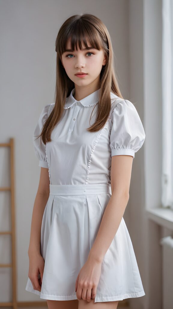 a young maid teen girl, lightly dressed, 13 years old, flawless skin, ((stunning)) ((gorgeous)) ((detailed full body portrait)) ((straight hair in bangs cut)) ((angelic round face)), ((empty background)), ((full lips))