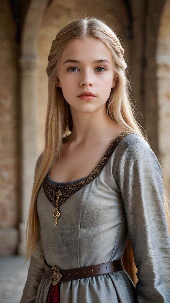 a young medieval teen girl, lightly dressed, 13 years old, blond straight hair, flawless skin, ((stunning)) ((gorgeous)) ((detailed full body portrait)), ((empty background)), ((full lips))