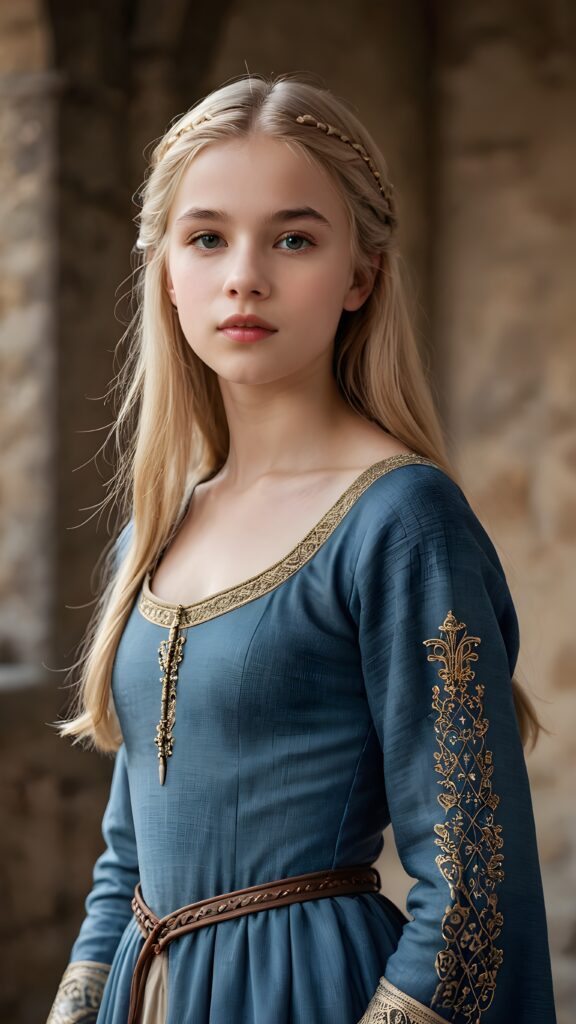 a young medieval teen girl, lightly dressed, 13 years old, blond straight hair, flawless skin, ((stunning)) ((gorgeous)) ((detailed full body portrait)), ((empty background)), ((full lips))