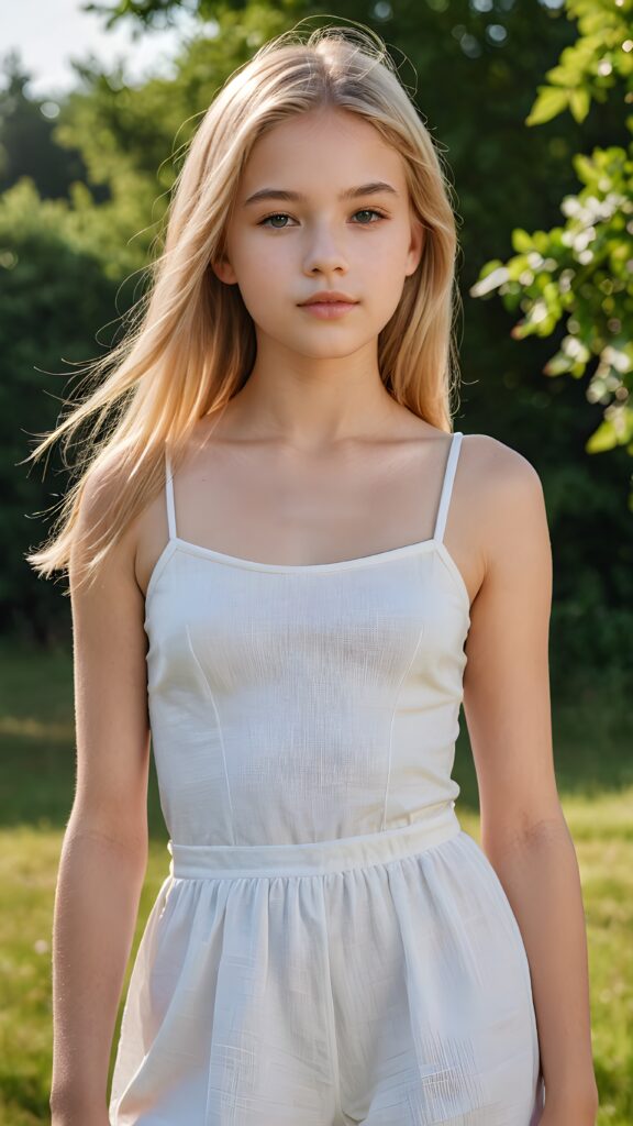 a young summer teen girl, lightly dressed, 13 years old, blond straight hair, flawless skin, ((stunning)) ((gorgeous)) ((detailed full body portrait)), ((empty background)), ((full lips))