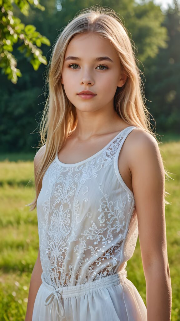 a young summer teen girl, lightly dressed, 13 years old, blond straight hair, flawless skin, ((stunning)) ((gorgeous)) ((detailed full body portrait)), ((empty background)), ((full lips))
