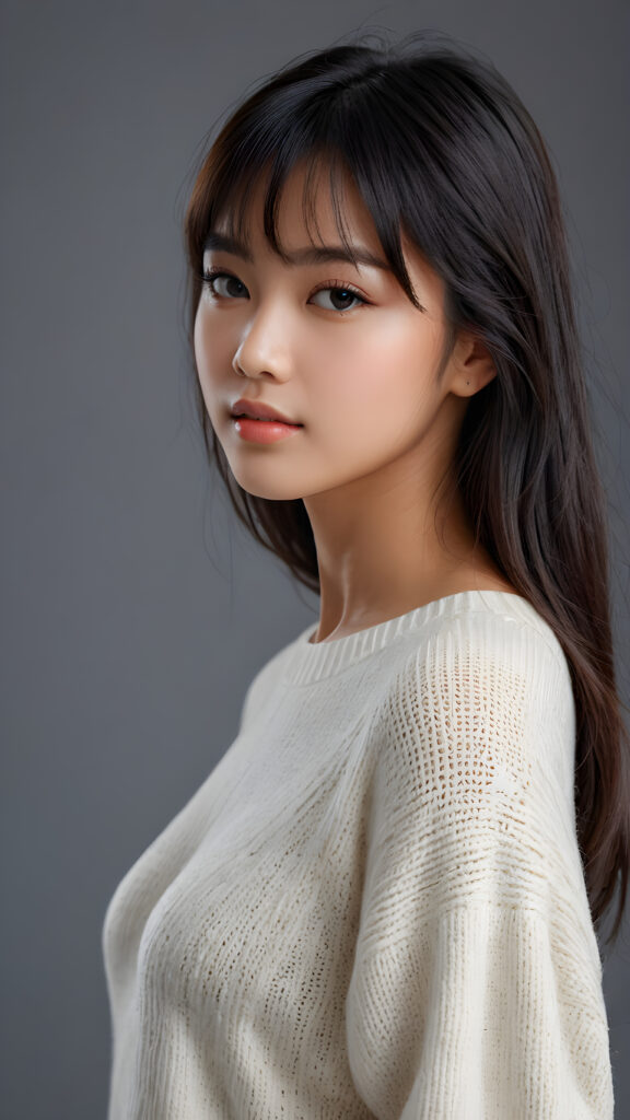 a young, sweet, pretty Indonesian teen girl ((stunning)) ((gorgeous)) ((masterpiece of photo)) is wearing a thin white wool sweater. She looks seductively at the viewer, long straight dark hair in bangs cut, deep blue eyes, she has a perfect body, side view, upper-body, grey background.