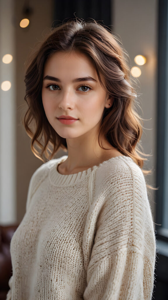 a young, sweet, pretty girl is wearing a wool sweater. She looks seductively at the viewer. She has a perfect body.