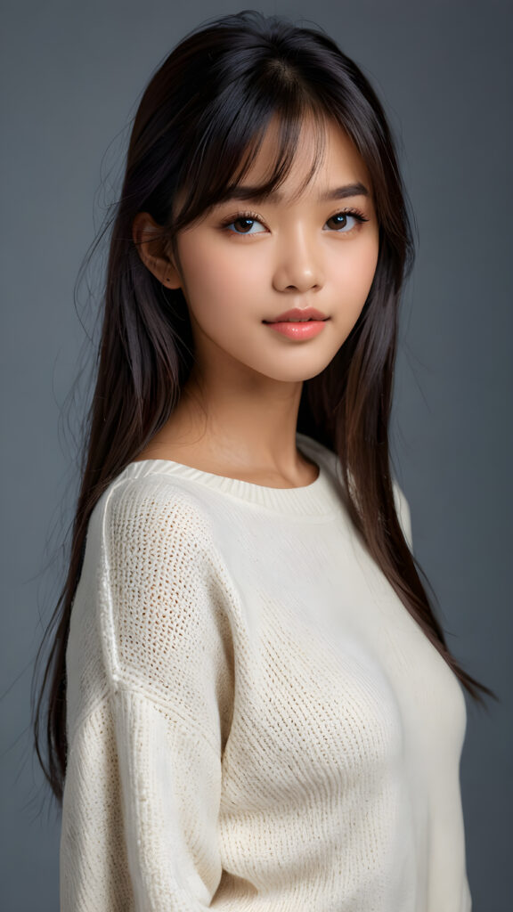 a young, sweet, pretty Filipino teen girl ((stunning)) ((gorgeous)) ((masterpiece of photo)) is wearing a thin white wool sweater. She looks seductively at the viewer, long straight dark hair in bangs cut, deep blue eyes, she has a perfect body, side view, upper-body, grey background.