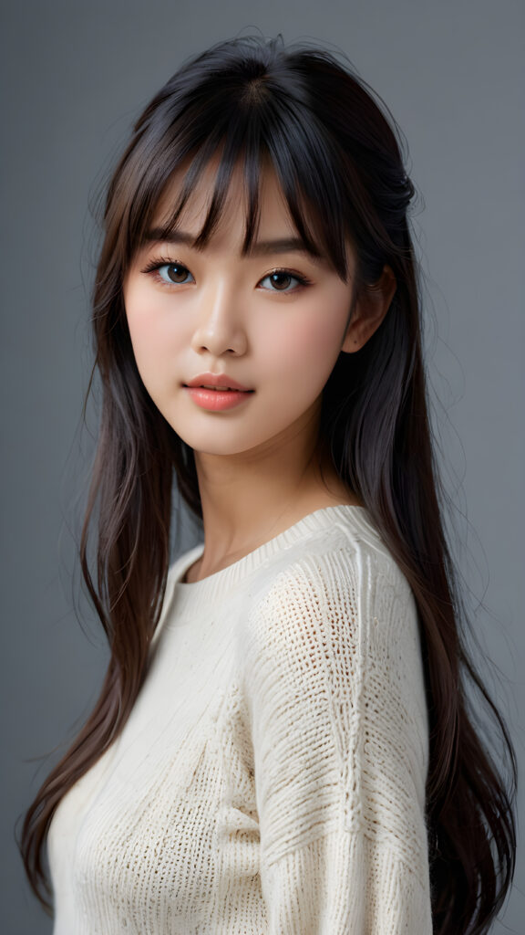 a young, sweet, pretty Asian teen girl ((stunning)) ((gorgeous)) ((masterpiece of photo)) is wearing a thin white wool sweater. She looks seductively at the viewer, long straight dark hair in bangs cut, deep blue eyes, she has a perfect body, side view, upper-body, grey background.