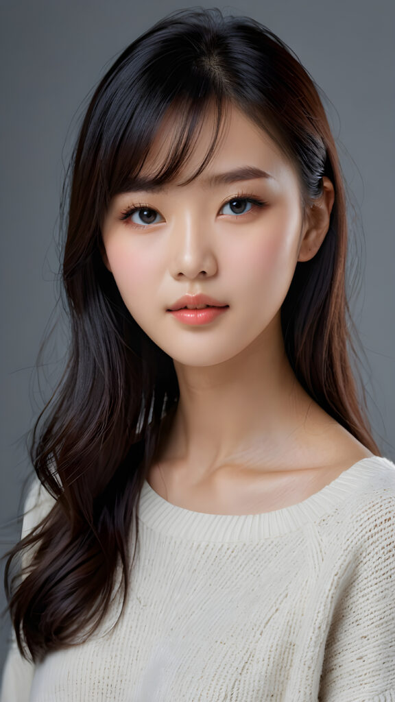 a young, sweet, pretty Korean teen girl ((stunning)) ((gorgeous)) ((masterpiece of photo)) is wearing a thin white wool sweater. She looks seductively at the viewer, long straight dark hair in bangs cut, deep blue eyes, she has a perfect body, side view, upper-body, grey background.