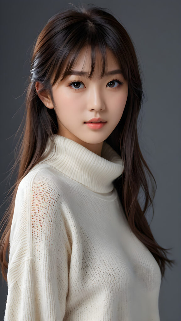 a young, sweet, pretty Japanese teen girl ((stunning)) ((gorgeous)) ((masterpiece of photo)) is wearing a thin white wool sweater. She looks seductively at the viewer, long straight dark hair in bangs cut, deep blue eyes, she has a perfect body, side view, upper-body, grey background.