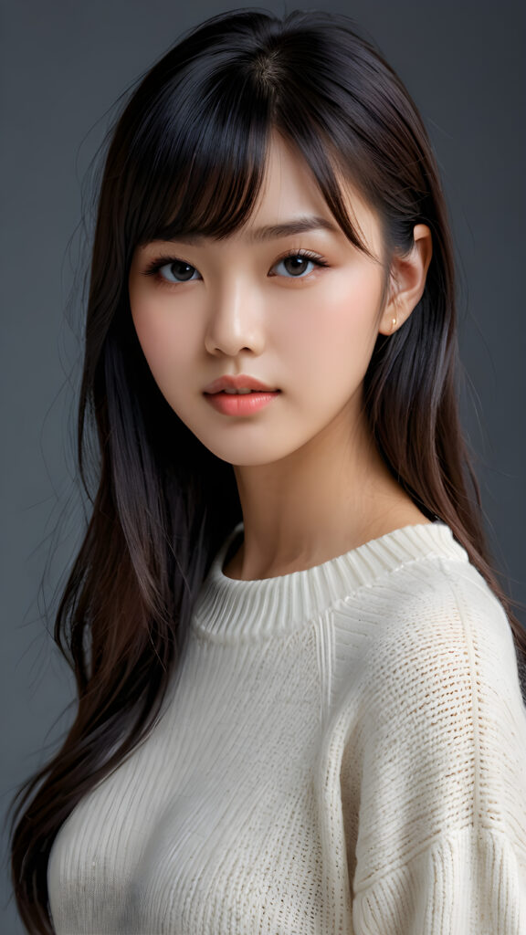 a young, sweet, pretty Asian teen girl ((stunning)) ((gorgeous)) ((masterpiece of photo)) is wearing a thin white wool sweater. She looks seductively at the viewer, long straight dark hair in bangs cut, deep blue eyes, she has a perfect body, side view, upper-body, grey background.