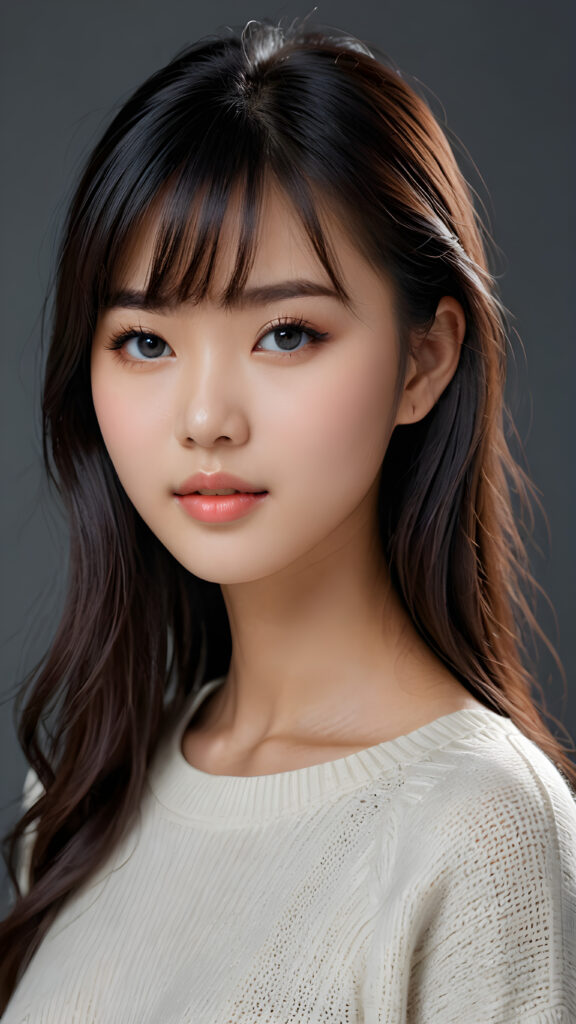 a young, sweet, pretty Vietnamese teen girl ((stunning)) ((gorgeous)) ((masterpiece of photo)) is wearing a thin white wool sweater. She looks seductively at the viewer, long straight dark hair in bangs cut, deep blue eyes, she has a perfect body, side view, upper-body, grey background.
