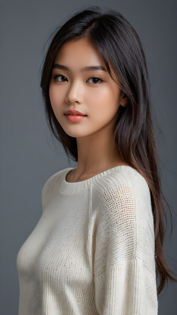a young, sweet, pretty Filipino teen girl ((stunning)) ((gorgeous)) ((masterpiece of photo)) is wearing a thin white wool sweater. She looks seductively at the viewer, long straight dark hair in bangs cut, deep blue eyes, she has a perfect body, side view, upper-body, grey background.