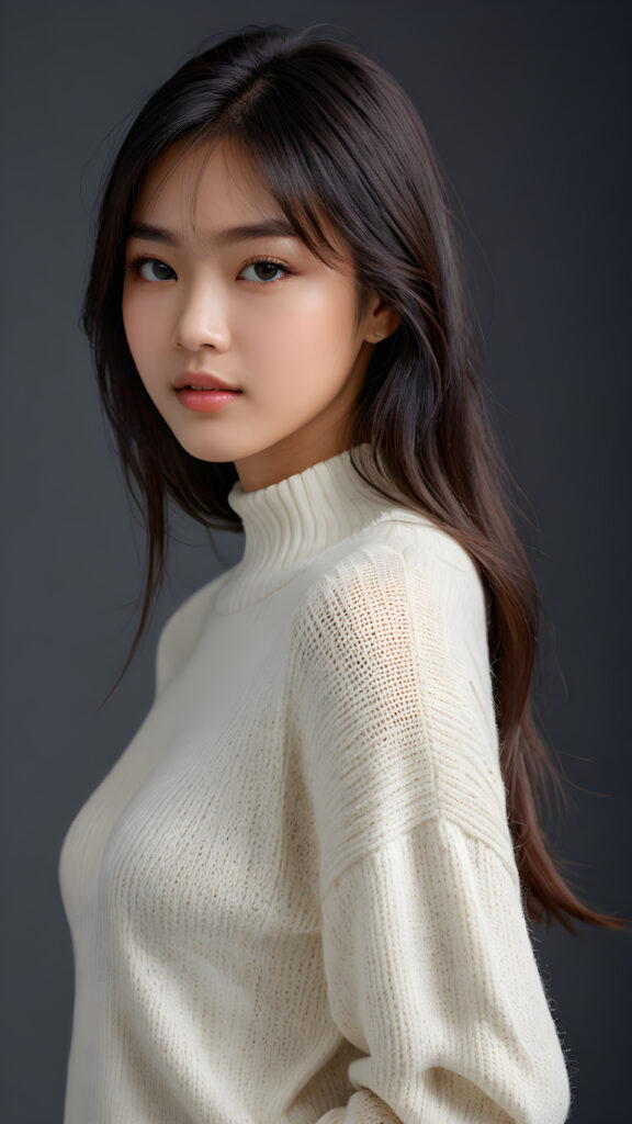 a young, sweet, pretty Indonesian teen girl ((stunning)) ((gorgeous)) ((masterpiece of photo)) is wearing a thin white wool sweater. She looks seductively at the viewer, long straight dark hair in bangs cut, deep blue eyes, she has a perfect body, side view, upper-body, grey background.