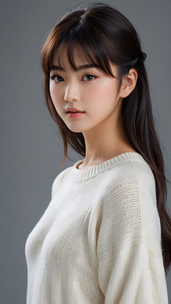 a young, sweet, pretty Japanese teen girl ((stunning)) ((gorgeous)) ((masterpiece of photo)) is wearing a thin white wool sweater. She looks seductively at the viewer, long straight dark hair in bangs cut, deep blue eyes, she has a perfect body, side view, upper-body, grey background.